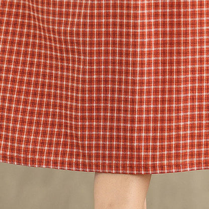 Buddha Stones Commute Plaid Pattern Simple Design Cotton Linen Short Sleeve Midi Dress With Pockets