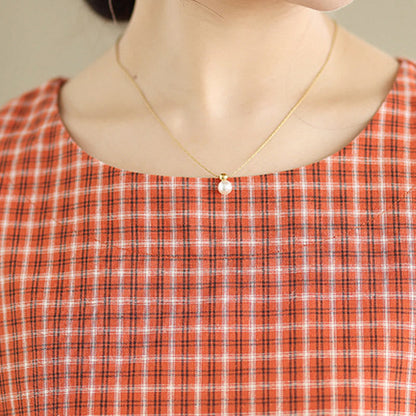 Buddha Stones Commute Plaid Pattern Simple Design Cotton Linen Short Sleeve Midi Dress With Pockets