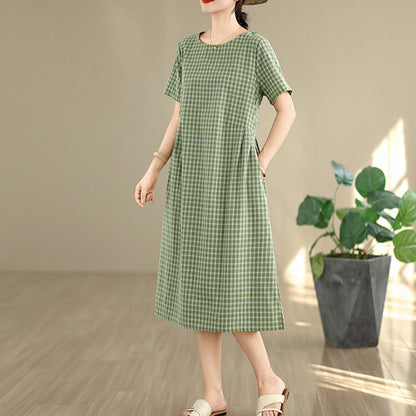Buddha Stones Commute Plaid Pattern Simple Design Cotton Linen Short Sleeve Midi Dress With Pockets