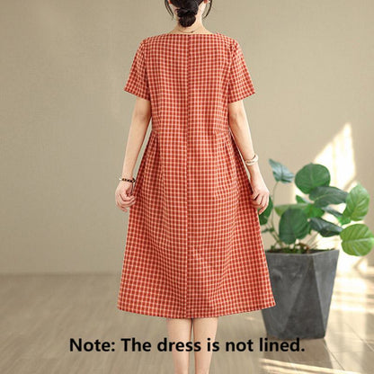 Buddha Stones Commute Plaid Pattern Simple Design Cotton Linen Short Sleeve Midi Dress With Pockets