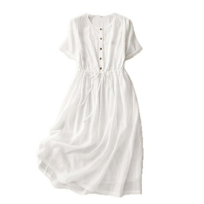Buddha Stones Commute Embroidery Pleated Button Drawstring Design Cotton Linen Ruffled Short Sleeve Midi Dress
