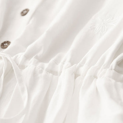 Buddha Stones Commute Embroidery Pleated Button Drawstring Design Cotton Linen Ruffled Short Sleeve Midi Dress