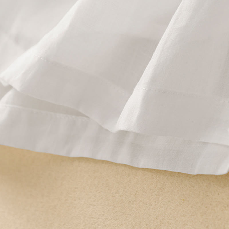 Buddha Stones Commute Embroidery Pleated Button Drawstring Design Cotton Linen Ruffled Short Sleeve Midi Dress