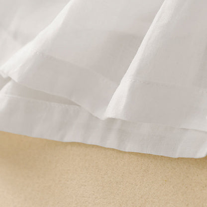 Buddha Stones Commute Embroidery Pleated Button Drawstring Design Cotton Linen Ruffled Short Sleeve Midi Dress