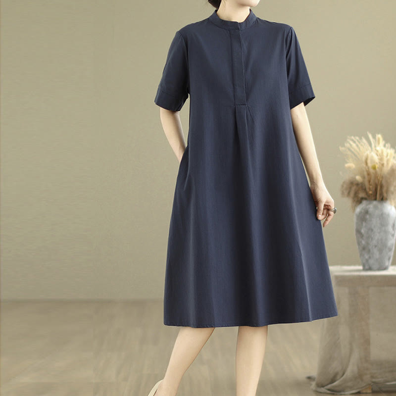 Buddha Stones Commute Plaid Pattern Simple Design Cotton Half Sleeve Midi Dress With Pockets