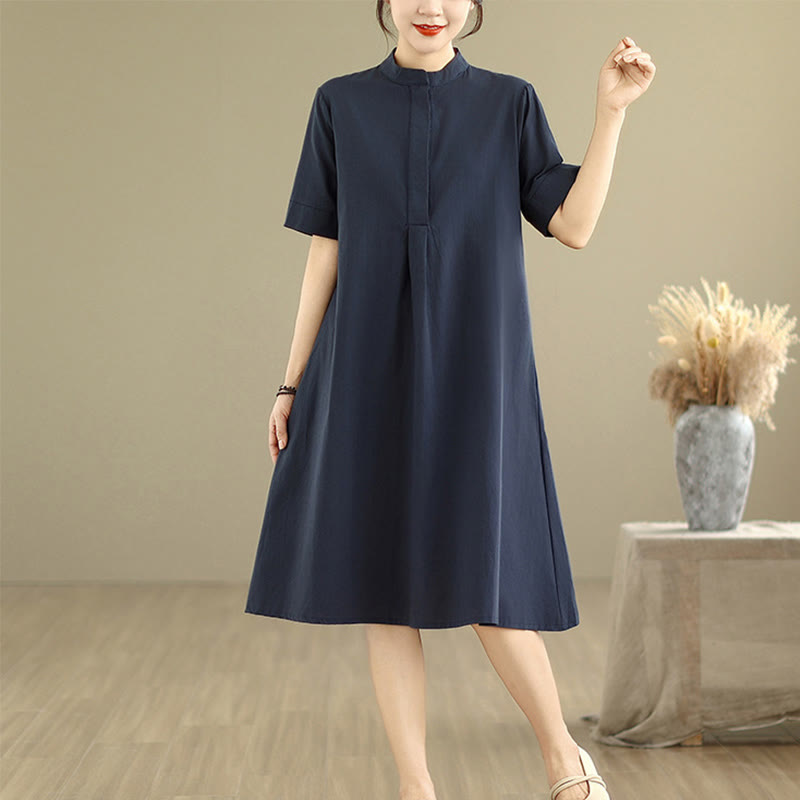Buddha Stones Commute Plaid Pattern Simple Design Cotton Half Sleeve Midi Dress With Pockets