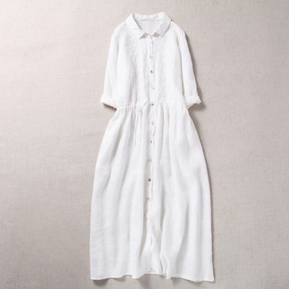 Buddha Stones Fall Embroidery Button Design Cotton Linen Long Sleeve Midi Dress With Pockets
