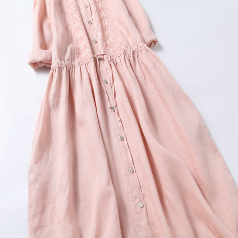 Buddha Stones Fall Embroidery Button Design Cotton Linen Long Sleeve Midi Dress With Pockets