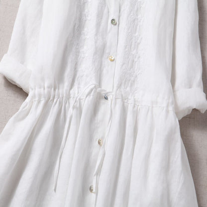 Buddha Stones Fall Embroidery Button Design Cotton Linen Long Sleeve Midi Dress With Pockets