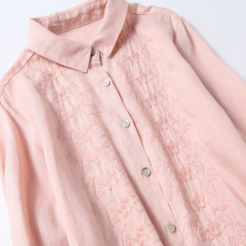 Buddha Stones Fall Embroidery Button Design Cotton Linen Long Sleeve Midi Dress With Pockets