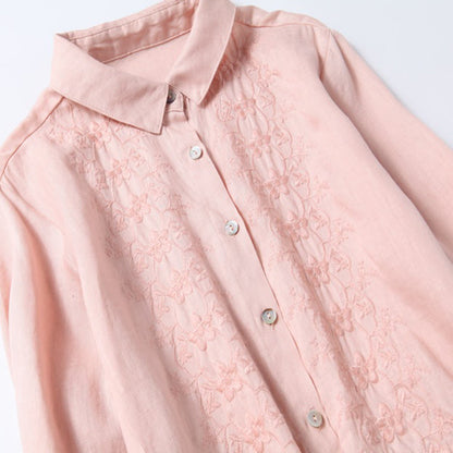 Buddha Stones Fall Embroidery Button Design Cotton Linen Long Sleeve Midi Dress With Pockets
