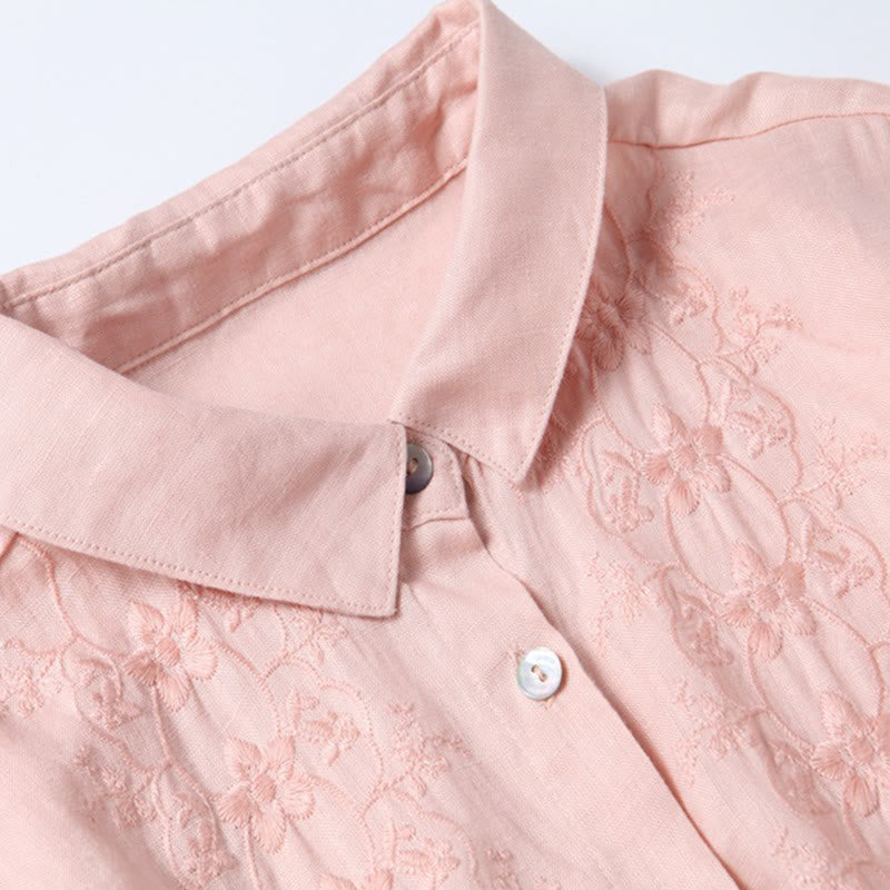 Buddha Stones Fall Embroidery Button Design Cotton Linen Long Sleeve Midi Dress With Pockets