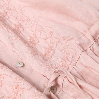 Buddha Stones Fall Embroidery Button Design Cotton Linen Long Sleeve Midi Dress With Pockets