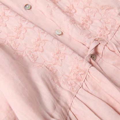 Buddha Stones Fall Embroidery Button Design Cotton Linen Long Sleeve Midi Dress With Pockets