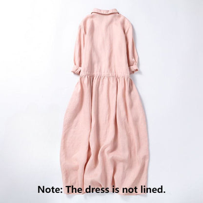Buddha Stones Fall Embroidery Button Design Cotton Linen Long Sleeve Midi Dress With Pockets
