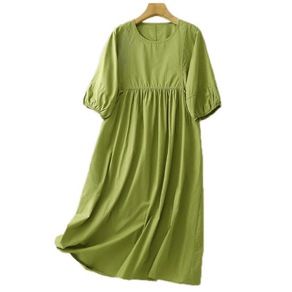 Buddha Stones Vintage Lace-Up Simple Design Cotton Linen Three Quarter Puff Sleeve Midi Dress With Pockets