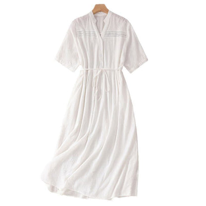 Buddha Stones Summer Plain Hollow Jacquard Design Cotton Short Sleeve Midi Dress With Pockets
