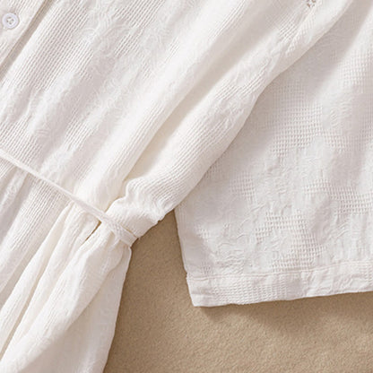 Buddha Stones Summer Plain Hollow Jacquard Design Cotton Short Sleeve Midi Dress With Pockets