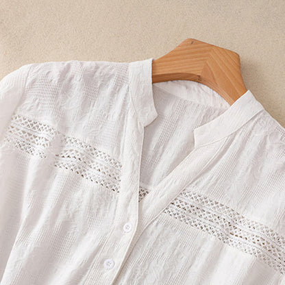 Buddha Stones Summer Plain Hollow Jacquard Design Cotton Short Sleeve Midi Dress With Pockets