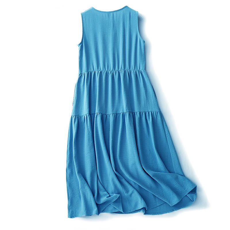 Buddha Stones Casual Plain Handmade Lace-up Midi Dress Cotton Linen Sleeveless Dress With Pockets
