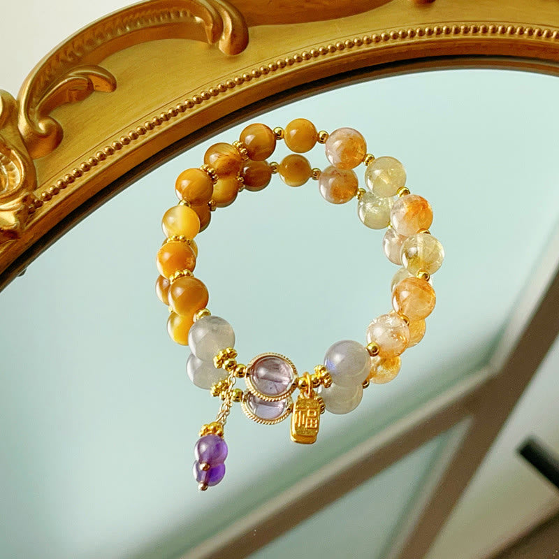 Buddha Stones Natural Citrine Tiger Eye Fu Character Prosperity Bracelet
