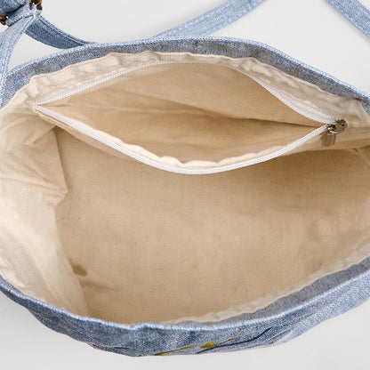 Buddha Stones Embroidered Light Blue Fairy Deer Auspicious Clouds Cotton Linen Crossbody Bag Shoulder Bag