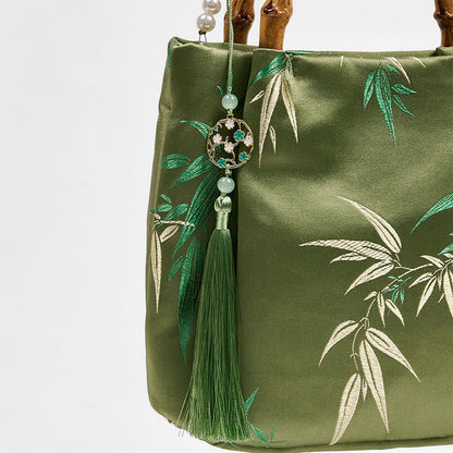 Buddha Stones Embroidery Leaves Bamboo Handle Pearl Crossbody Bag Hangbags