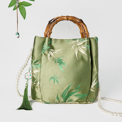 Buddha Stones Embroidery Leaves Bamboo Handle Pearl Crossbody Bag Hangbags
