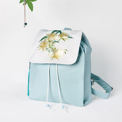 Buddha Stones Handmade Blue Epiphyllum Embroidered Large Capacity Canvas Backpack