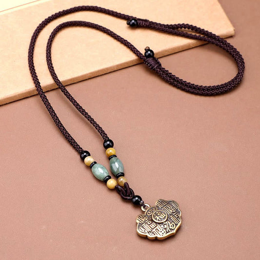 Buddha Stones Copper Brass Fu Character Luck Fortune Rope Necklace Pendant