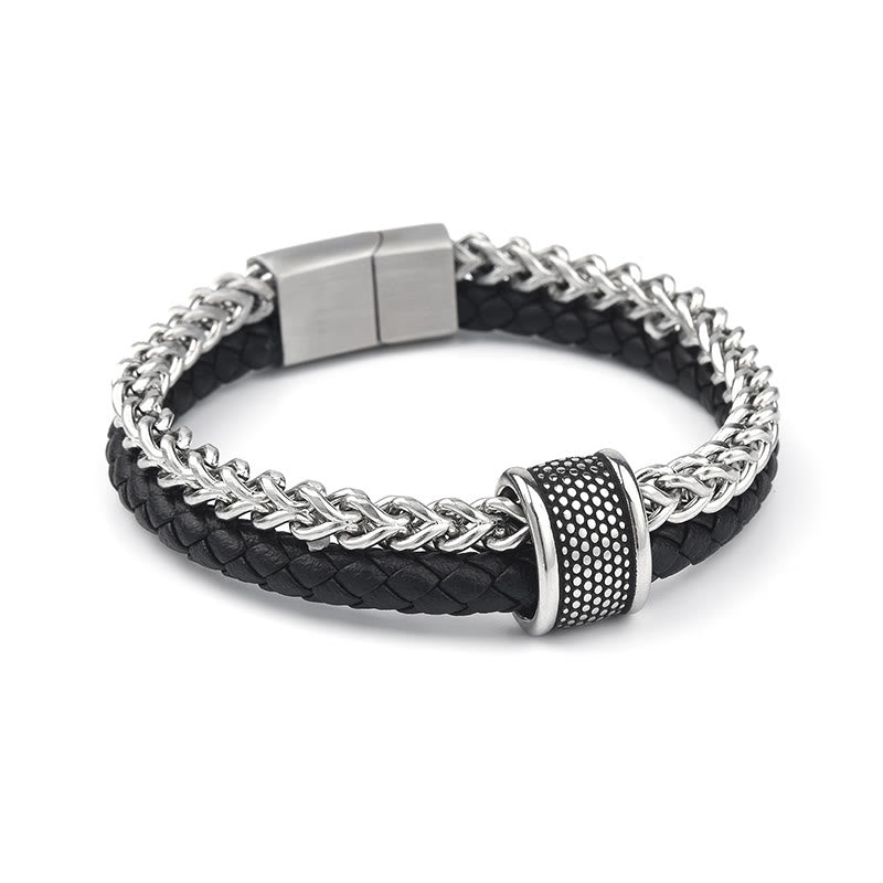 Buddha Stones Leather Double Layer Titanium Steel Balance Magnetic Buckle Bracelet