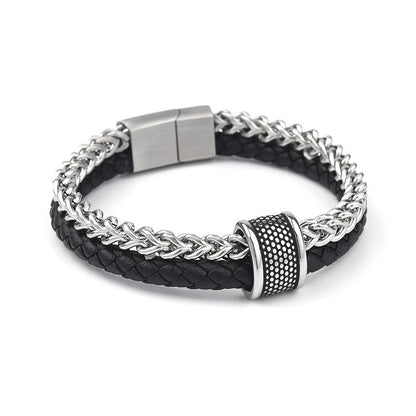 Buddha Stones Leather Double Layer Titanium Steel Balance Magnetic Buckle Bracelet