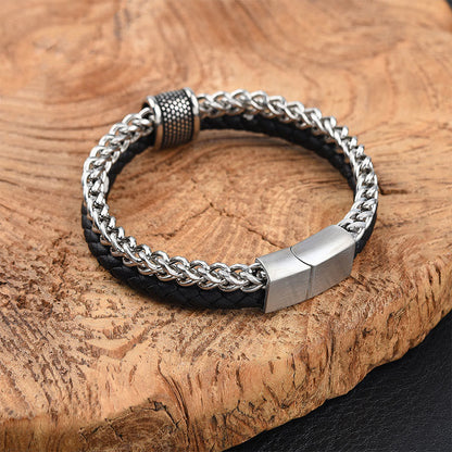 Buddha Stones Leather Double Layer Titanium Steel Balance Magnetic Buckle Bracelet