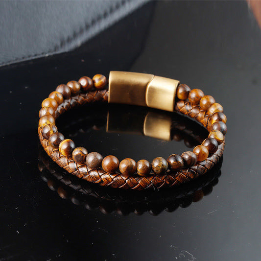Buddha Stones Multi-layer Woven Tiger Eye Stone Beads Leather Titanium Steel Strength Buckle Bracelet