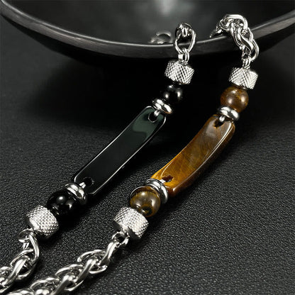 Buddha Stones Tiger Eye Black Obsidian Stone Titanium Steel Strength Buckle Bracelet