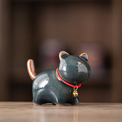 Buddha Stones Mini Lucky Cute Standing Cat Red Rope Bell Ceramic Figurine Decoration