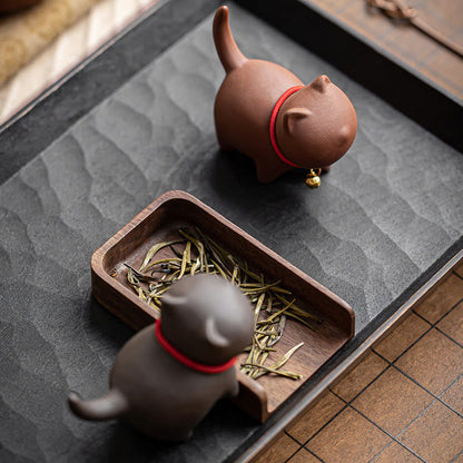 Buddha Stones Mini Lovely Red Rope Bell Cat Tea Pet Purple Clay Figurine Desk Decoration