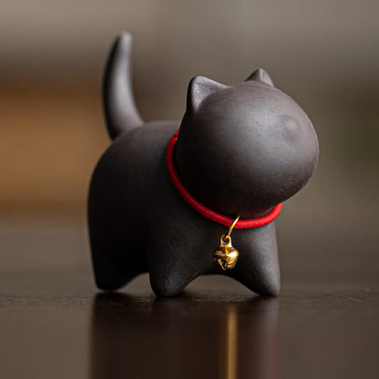 Buddha Stones Mini Lovely Red Rope Bell Cat Tea Pet Purple Clay Figurine Desk Decoration
