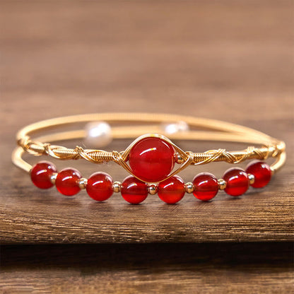 Buddha Stones 14K Gold Filled Copper Natural Red Agate Beads Confidence Metal Cuff Bracelet Bangle