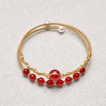 Buddha Stones 14K Gold Filled Copper Natural Red Agate Beads Confidence Metal Cuff Bracelet Bangle