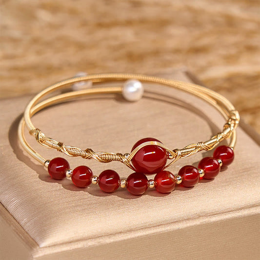 Buddha Stones 14K Gold Filled Copper Natural Red Agate Beads Confidence Metal Cuff Bracelet Bangle
