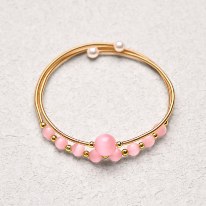 Buddha Stones 14K Gold Filled Copper Pink Cat Eye Support Metal Cuff Bracelet Bangle