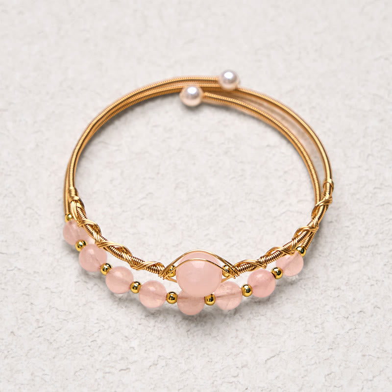Buddha Stones Natural Rose Quartz Love Healing Metal Cuff Bracelet Bangle