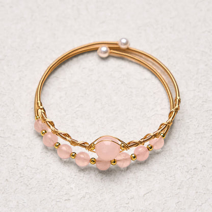 Buddha Stones Natural Rose Quartz Love Healing Metal Cuff Bracelet Bangle