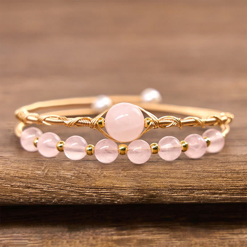 Buddha Stones Natural Rose Quartz Love Healing Metal Cuff Bracelet Bangle