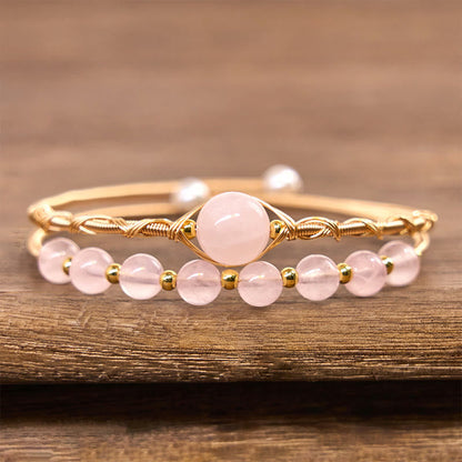 Buddha Stones Natural Rose Quartz Love Healing Metal Cuff Bracelet Bangle