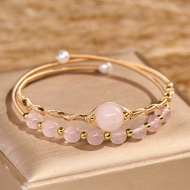 Buddha Stones Natural Rose Quartz Love Healing Metal Cuff Bracelet Bangle