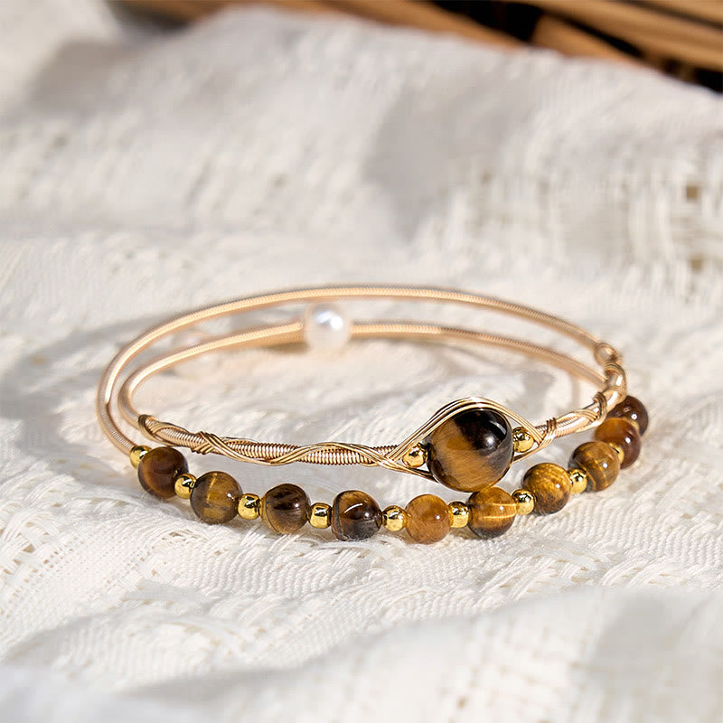Buddha Stones 14K Gold Filled Copper Natural Tiger Eye Protection Metal Cuff Bracelet Bangle