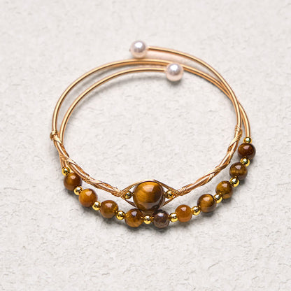 Buddha Stones 14K Gold Filled Copper Natural Tiger Eye Protection Metal Cuff Bracelet Bangle