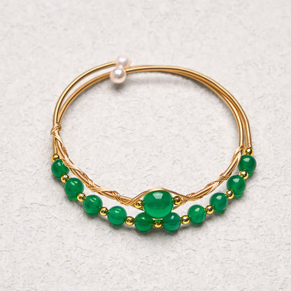 Buddha Stones 14K Gold Filled Copper Natural Green Agate Power Metal Cuff Bracelet Bangle